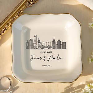 Personalized Skyline Ring Dish, Custom Wedding Jewelry Dish, Engagement Ring Holder, City Trinket Dish, Couple Gift For Her,Anniversary Gift