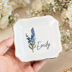 Personalised Birth Flower Trinket Dish, Custom Watercolor Flower Ring Dish, Birthday Jewelry Dish, Wedding Bridesmaid Gift, Christmas Gifts