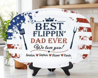 Custom ”Best Flippin’ Dad Ever” Grilling Plate, Personalized Dad Gift, BBQ Gifts, Fourth of July Decor
