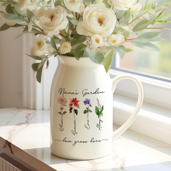 Jarrón personalizado para el jardín de la abuela, Regalos del Día de la Madre para la abuela, Jarrón para flores de jardín, Jarrón personalizado con la flor de nacimiento, Flor con el nombre de la familia