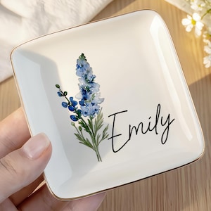 Personalised Birth Flower Trinket Dish, Custom Watercolor Flower Ring Dish, Birthday Jewelry Dish, Wedding Bridesmaid Gift, Christmas Gifts