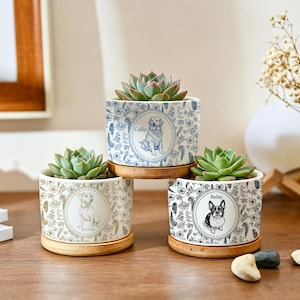 May include: Three ceramic dog-themed planters with succulents. Each planter features a different dog breed illustration and name: Callie, Rowdy, and Bailey. The planters sit on bamboo saucers, with a floral design. The succulents are green.
