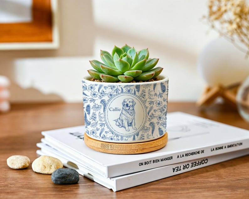 May include: A small, round succulent plant in a white and blue floral ceramic pot. The pot features a portrait of a dog named Callie. The pot sits on a bamboo coaster. The text "COFFEE OR TEA" is visible on a book.
