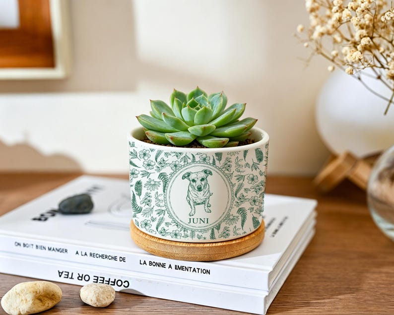 May include: A small, round ceramic planter with a green succulent. The planter has a floral design and a circular image of a dog with the name "JUNI". It sits on a bamboo coaster.