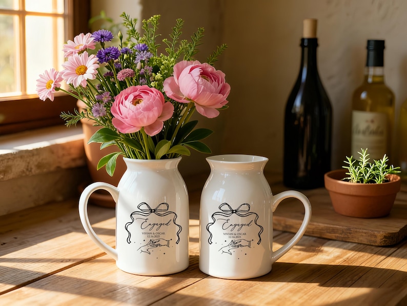 May include: Two white ceramic mugs with handles, each featuring a black line drawing of a bow, the word Engaged, the names Vivian & Oscar, and the date 12.16.2024 above an illustration of two hands reaching toward each other with small stars.