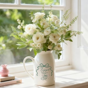 May include: A cream-colored ceramic pitcher featuring a green graphic of a ribbon, the text "Engaged", the names "Vivian & Oscar", and the date "12.16.2025" with two heart icons, filled with a large arrangement of white roses and green foliage.