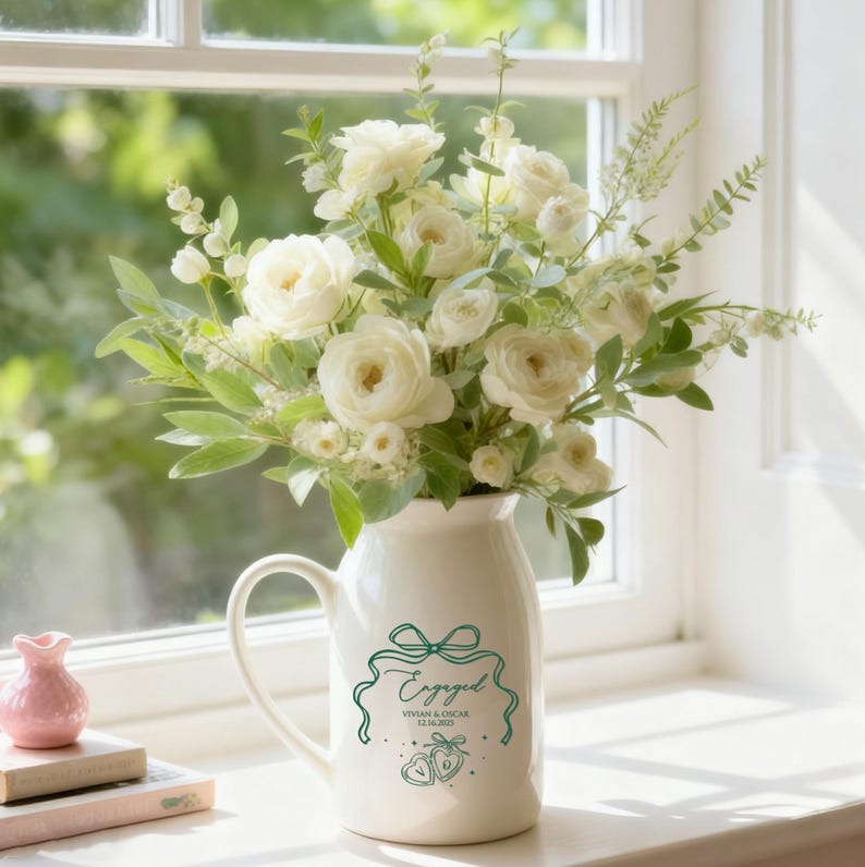 May include: A cream-colored ceramic pitcher featuring a green graphic of a ribbon, the text "Engaged", the names "Vivian & Oscar", and the date "12.16.2025" with two heart icons, filled with a large arrangement of white roses and green foliage.
