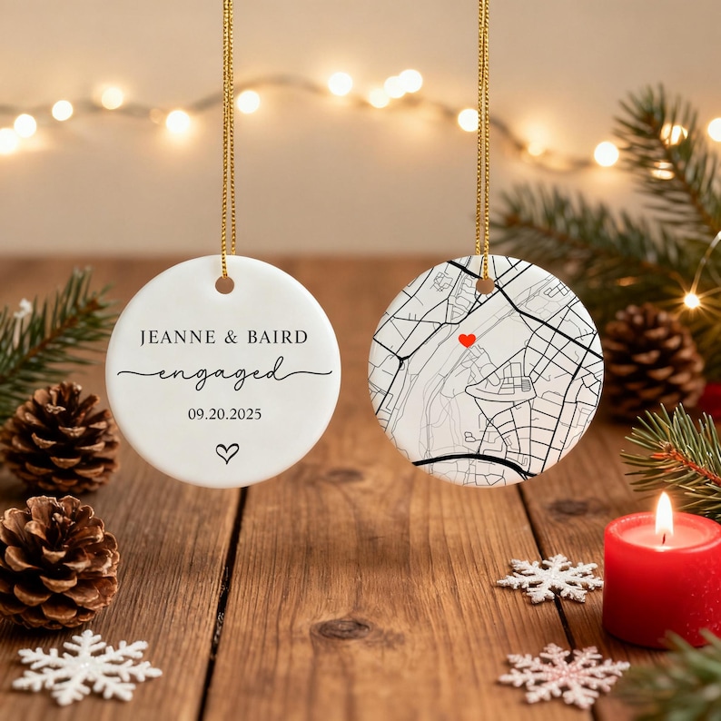 May include: Two white ceramic ornaments hanging by gold strings. One ornament has the text "JEANNE & BAIRD engaged 09.20.2025" and a heart. The other has a map design with a red heart. Festive holiday decor.
