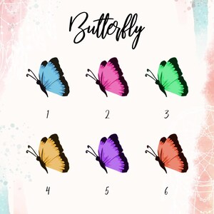 May include: Six colorful butterfly illustrations with numbers 1 through 6 below each butterfly. The butterflies are in the following colors: blue, pink, green, yellow, purple, and orange.