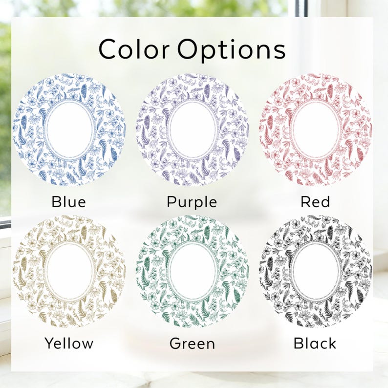 May include: The image displays six circular designs with floral patterns in various colors: blue, purple, red, yellow, green, and black. Each design has a white, oval-shaped center and is labeled with its respective color. The text "Color Options" is at the top.