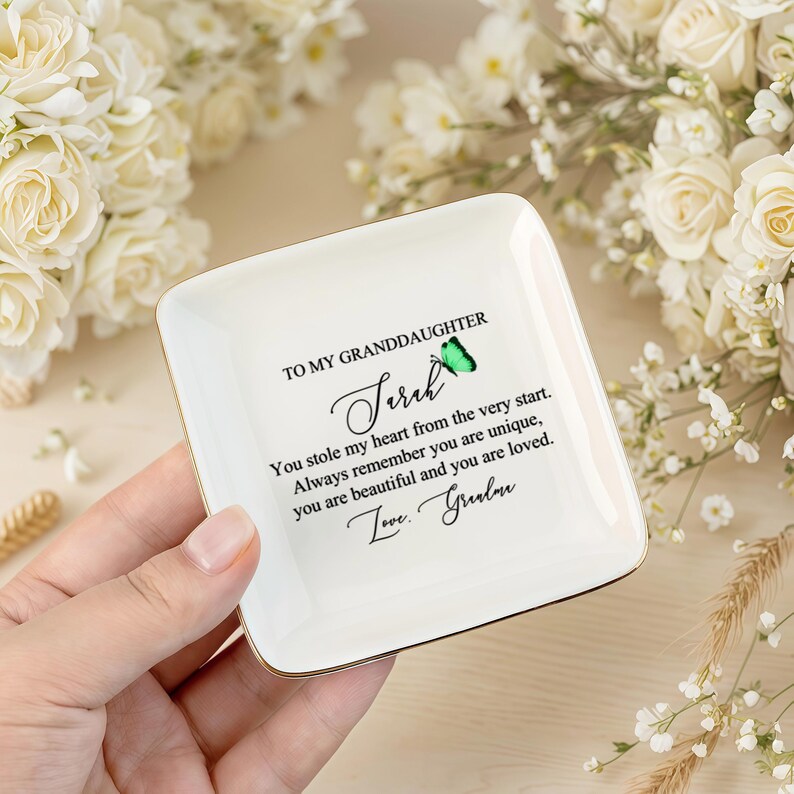 Personalized Jewelry Dish for Granddaughter, Gift From Grandma, Birthday Gift, Wedding Gift, Gift for Granddaughter, Graduation Gift Line Square