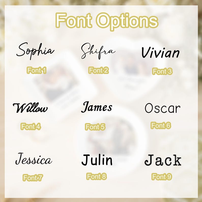 Peut inclure: Image pr&eacute;sentant neuf options de polices de caract&egrave;res pour des produits personnalis&eacute;s. Chaque police est affich&eacute;e avec un nom, comme Sophia, Shifra et Vivian, et un num&eacute;ro de police. Le texte "Font Options" est en haut en couleur or.