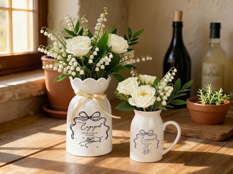 May include: Two white ceramic vessels, a vase and a pitcher, each featuring a black line drawing of a bow, the text "Engaged," names, and a date. The vessels are filled with white roses and lily of the valley flowers, accented with a gold ribbon.