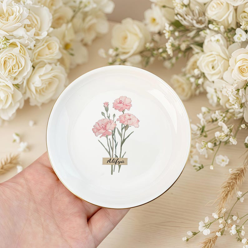 Personalised Birth Flower Trinket Dish / Custom Watercolor Flower Ring Dish