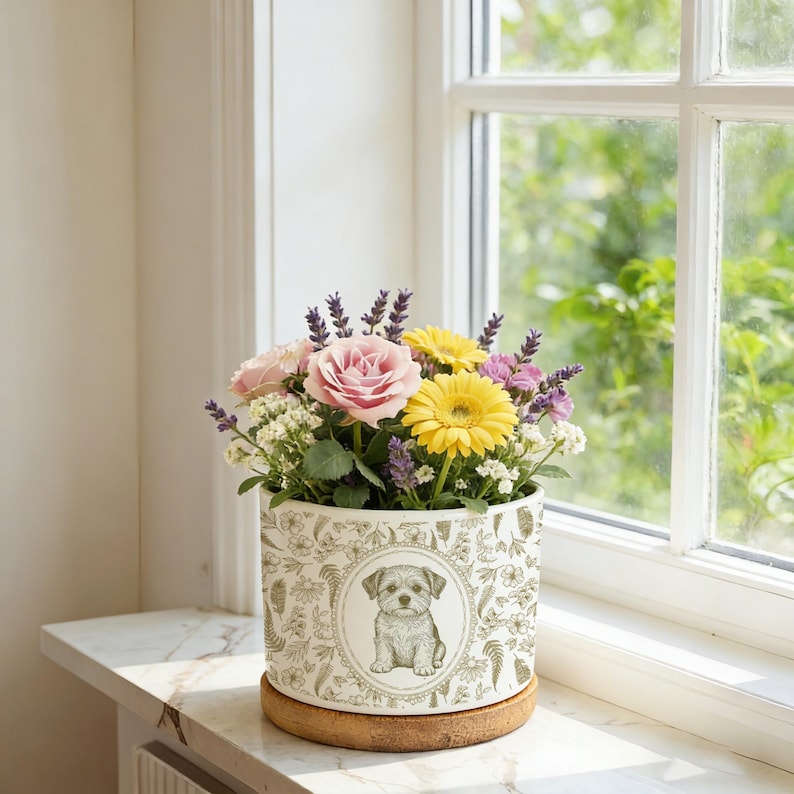 May include: A floral arrangement in a decorative ceramic pot. The pot features a detailed illustration of a dog and floral patterns. The arrangement includes pink roses, yellow gerbera daisies, and purple lavender. The pot sits on a wooden coaster.