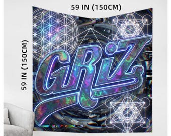 GRiZ Psychedelic Tapestry - Holographic EDM Wall Art - Sacred Geometry Decor - Festival Room Decor