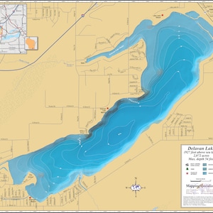 May include: A detailed map of Delavan Lake in Wisconsin, showing depth contours, shoreline features, and nearby roads. The map includes a legend with symbols for boat ramps, public access points, and other points of interest. The lake is 2,072 acres and has a maximum depth of 54 feet. The map is titled "Delavan Lake" and includes the text "Mapping Specialists".