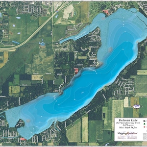 May include: An aerial map of Delavan Lake in Wisconsin, showing the lake's depth contours in shades of blue. The map also includes surrounding land features, roads, and buildings. The text on the map reads "Delavan Lake (927 feet above sea level) 2,072 acres Max. depth 54 feet Mapping Specialists."