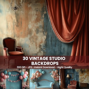 30 Vintage Studio Backdrop, Distressed Scene Backgrounds for Journaling & Scrapbooking, Rustic Digital Backdrops for Whimsical Portraits