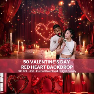 50 Valentines Day Red Heart Flowers Arch Stage Backdrops Bundle - Valentine's Day Rustic Digital Textures for Romantic Maternity Photography