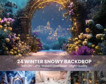 24 Winter Snowy Digital Backdrops, Wonderland Lights (Instant Download)