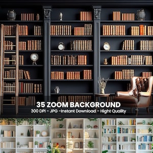 35 Zoom Green Bookshelves Background - Digital Backdrop for Virtual Meetings, Zoom Background for Home Office, Online Class & Video Call
