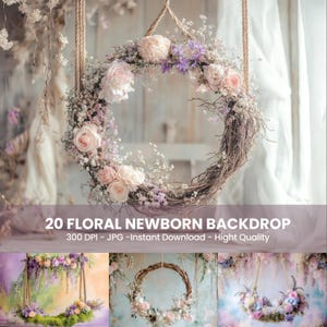 20 Newborn Floral Swing Studio digital background, pink blossoms, tree, flowers, newborn photoshop composite, newborn, soft pink tones