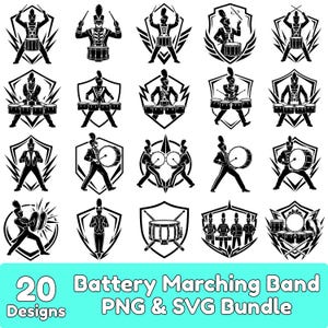 May include: A collection of 20 black and white vector illustrations featuring marching band percussionists and drum equipment set within shield-shaped emblems. The text 20 Battery Marching Band PNG & SVG Bundle is displayed at the bottom.