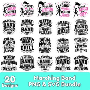 Può includere: Una collezione di 20 design grafici in nero e rosa con temi legati alle bande musicali e alle guardie d'onore. Ogni design include tipografia e illustrazioni di strumenti come tamburi, trombe e bandiere, con frasi come Marching Band Stole My Summer, Drum Major Energy Only e Guard Girls Don't Cry.