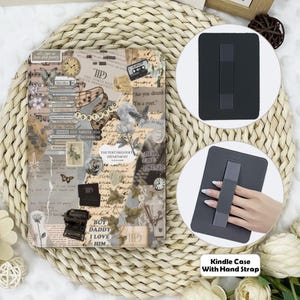 May include: A black Kindle case with a hand strap. The case has a textured surface and a simple design. The strap is made of a soft, flexible material and is attached to the back of the case. The case is shown on a woven surface with a book with a collage of images and text.