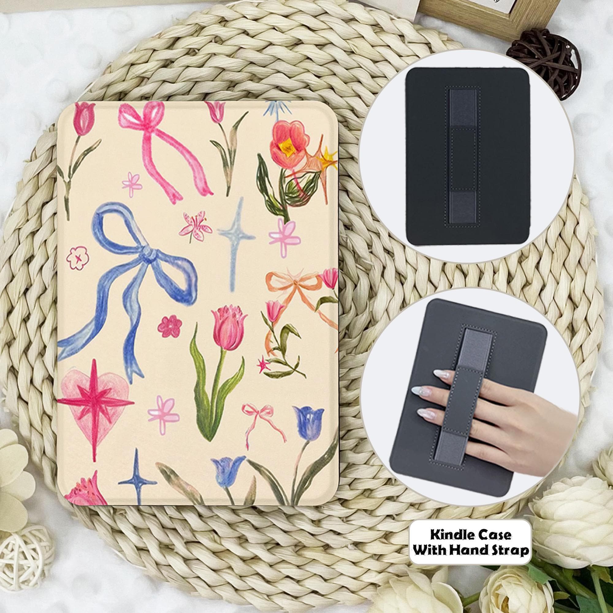 Cute Bowknot Tulip Kindle Case With Hand Strap,kindle 6&#39;&#39;/6.8&#39;&#39;/7&quot; case,Kindle paperwhite 12th/11th/10th case,Kindle 12/11/10,Kindle 2024