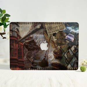 May include: Laptop skin with a collage design incorporating various images and text. The design includes a golden snitch, a broom, and newspaper clippings. The color scheme is primarily brown, red, and cream, giving a vintage feel. Text includes "The Marauder's Map" and "Knight Bus: Mad Fur or Muggle Menace?"