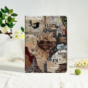 May include: A decorative tablet cover with a collage design of vintage images and text. The design includes a portrait, castle illustrations, and the words "Marauders Map" and "Dear Mr. Potter". The color palette is primarily brown, beige, and black.
