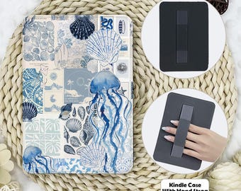 Blue Marine Collage Kindle Case With Hand Strap,kindle 6''/6.8''/7" case,Kindle paperwhite 12th/11th/10th case,Kindle 12/11/10,Kindle 2024