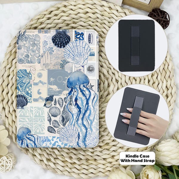 Blau Marine Collage Kindle Hülle Mit Handschlaufe,Kindle 12/11/10 Hülle,Kindle Paperwhite 12/11/10 Hülle,Kindle 12/11/10 Hülle,6''/6,8''/7 Zoll,Kindle 2024,Kindle 2024