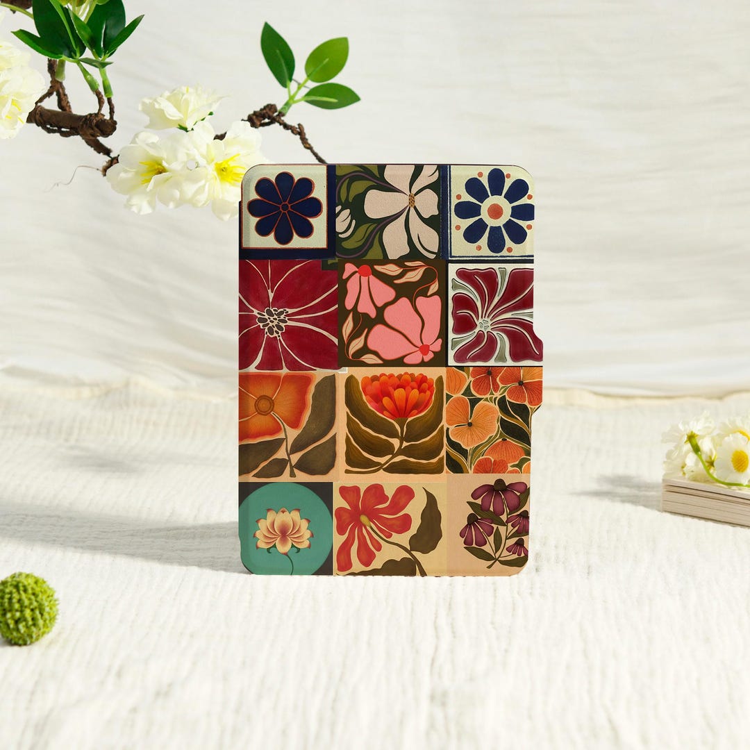 Retro Flower Stamps Kindle Case With Hand Strap,kindle 6"/6.8"/7"case ...