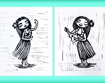 The Hula Dancers  (Set of 2 Hand Printed Open Edition Linocuts)