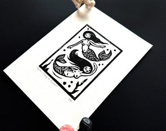 MYRTLE & MARCY the MERMAIDS • March! (Hand Printed Open Edition Linocut)