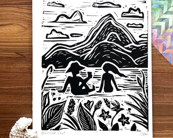 Beachside Chat (Hand Printed Open Edition Linocut)