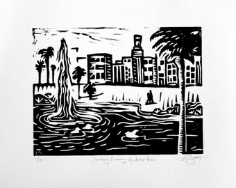 Sunday Evening - MacArthur Park (Hand Printed Linocut)