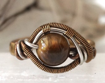 Tiger Eye Ring Men, Crystal Ring Men, Wire Wrapped Stone Ring, 9th Anniversary Gift, Long Distance Boyfriend Gift