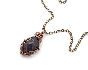 Natural Garnet Necklace – Simple Wire Wrapped Pendant, January Birthstone Gift, Antique Bronze Copper