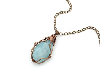 Natural Aquamarine Necklace - Simple Wire Wrapped Pendant, March Birthstone Gift, Antique Bronze Copper
