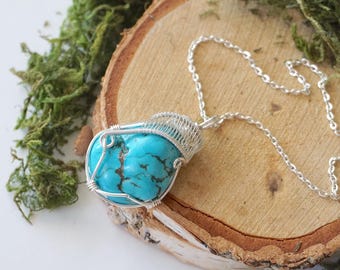 Turquoise Pendant Necklace – Wire Wrapped, December Birthstone Jewelry, Silver Plated Copper