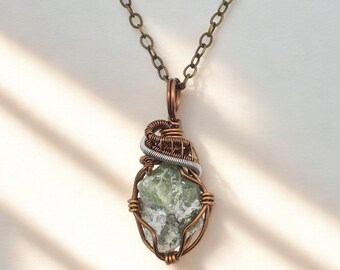 Raw Peridot Wire Wrapped Pendant Necklace - August Birthstone Crystal Jewelry - Copper Wire Wrapped Crystal Pendant