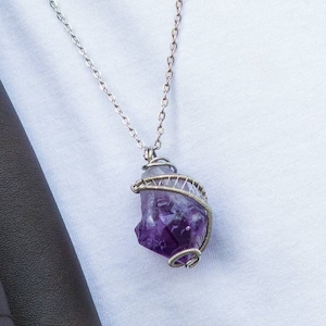 Amethyst Necklace, Mens Necklace, Raw Crystal Necklace, Protection Necklace, Long Distance Boyfriend Gift