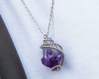 Amethyst Necklace, Mens Necklace, Raw Crystal Necklace, Protection Necklace, Long Distance Boyfriend Gift