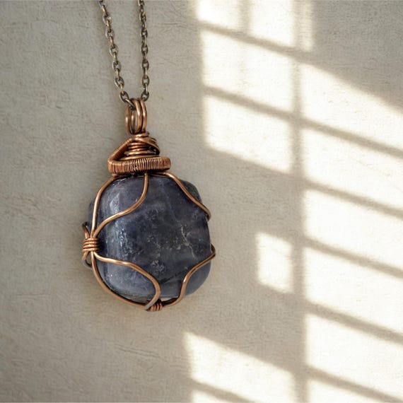 Natural Sapphire Wire Wrapped Pendant Necklace – Antique Bronze