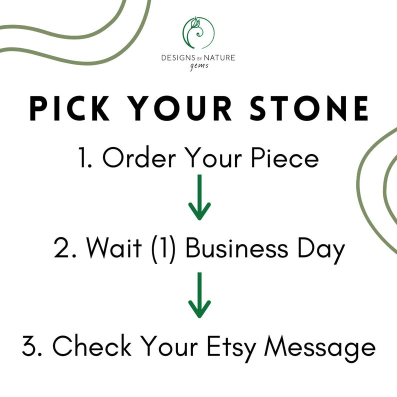 May include: A white informational graphic with green line accents and the logo Designs by Nature gems. The text reads: PICK YOUR STONE, 1. Order Your Piece, 2. Wait (1) Business Day, 3. Check Your Etsy Message, with green arrows between steps.