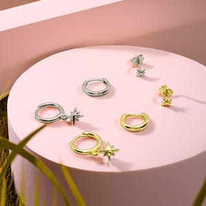 Set of 3pcs Minimalist Earrings, Dangling Star Charm Earring, Gold Plated Huggie Hoop, Cartilage Studs.